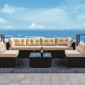 Zullo Outdoor Sofa Set 4 Seater, 2 Single seater and 1 Center Table (Black + Tan)