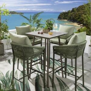 WS Outdoor Patio Bar Set 4 Chairs and 1 Table Set (Green) Braided & Rope