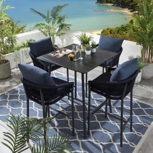 WS Outdoor Patio Bar Set 4 Chairs and 1 Table Set (Blue) Braided & Rope