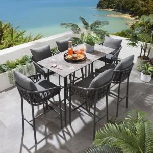 WS Outdoor Patio Bar Set 6 Chairs and 1 Table Set Braided & Rope